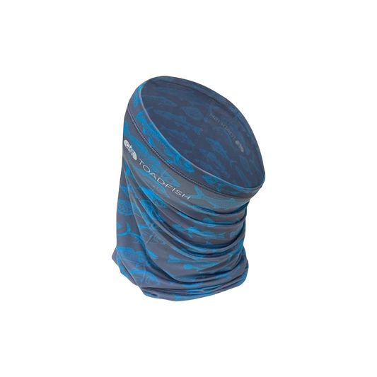 Toadfish UV gaiter in The School print, navy with a repeating school-of-fish pattern