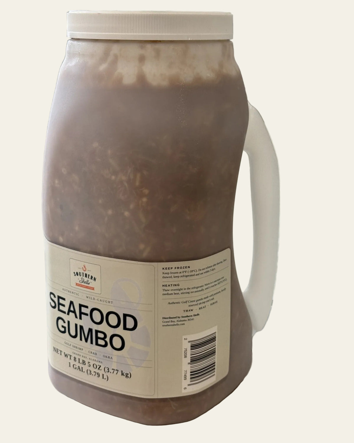 Gallon of Southern Shells Seafood Gumbo at the seafood case in Grand Bay, Alabama