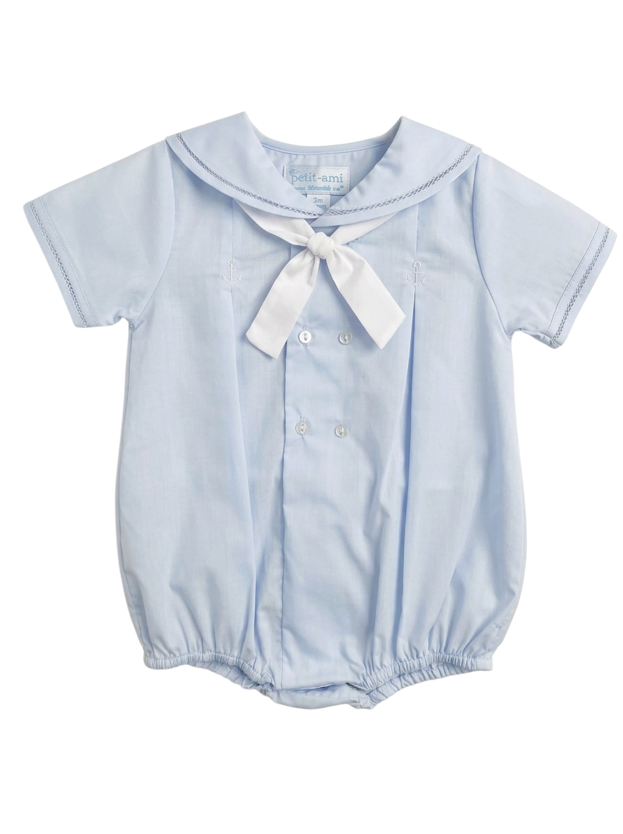 Petit Ami pale blue sailor bubble with white tie bow and embroidered anchors, front