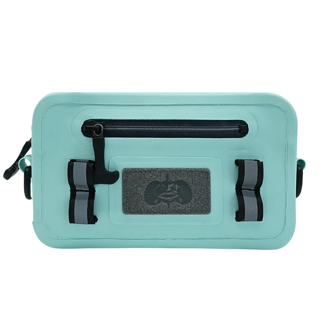 Toadfish Sealed Sling in Seafoam, front view showing the waterproof zip, loop panel and webbing straps