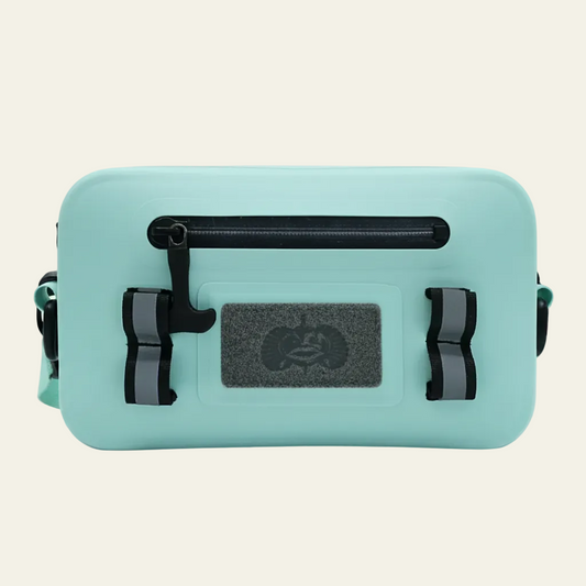 Toadfish Sealed Sling in Seafoam, front view showing the waterproof zip, loop panel and webbing straps