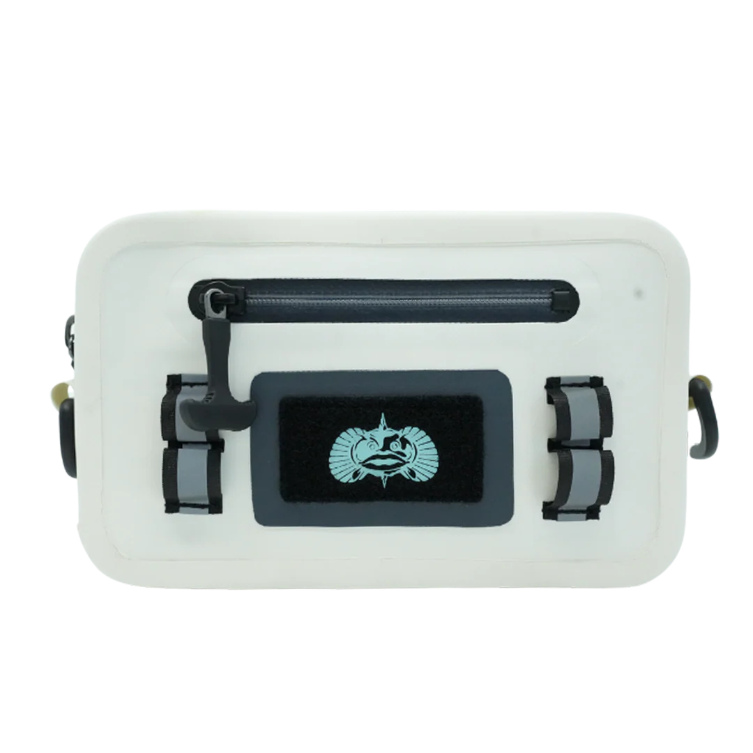 Toadfish Sealed Sling in Seashell, front view with the teal toadfish logo on the loop panel