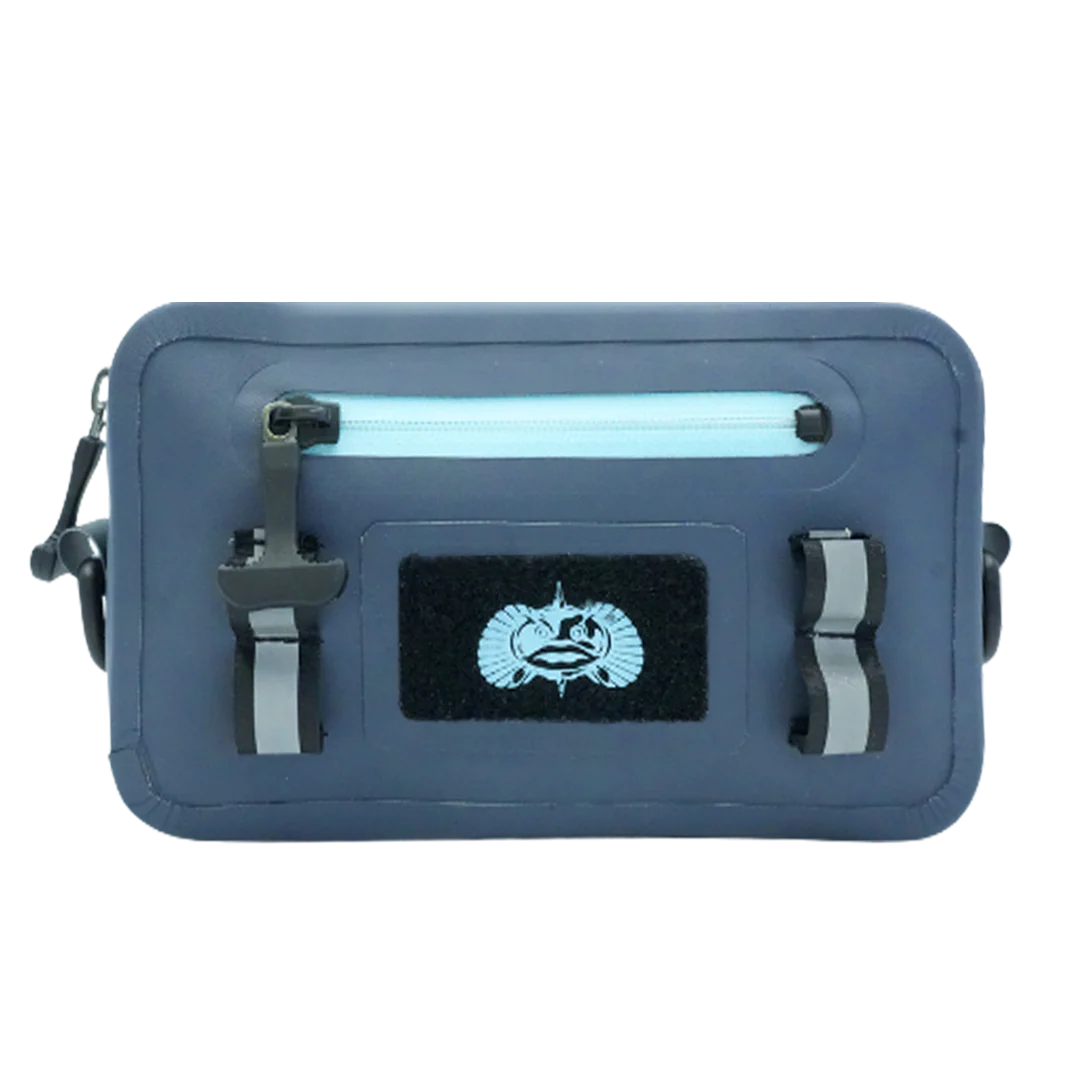 Toadfish Sealed Sling in Ocean Blue, front view with teal zip and toadfish logo on the loop panel